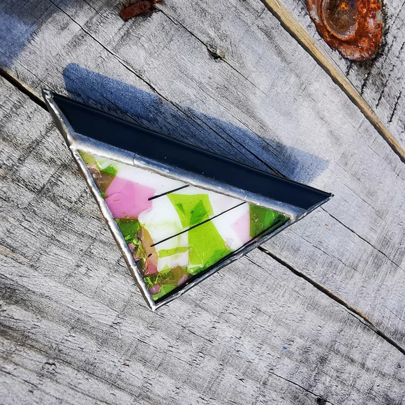 Artisan Created Fused Glass Triangular Brooch Pin - Picture 9 of 14